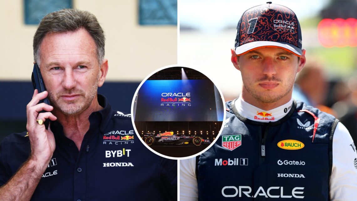 Christian Horner (left) on the phone, Max Verstappen (right) on the grid, and Red Bull (centre) unveil an F1 car