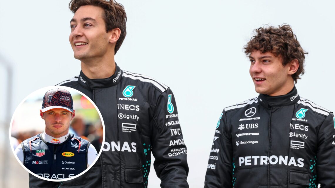 George Russell (centre) and Kimi Antonelli (left) walk on the grid, and Max Verstappen (left) stands on the grid