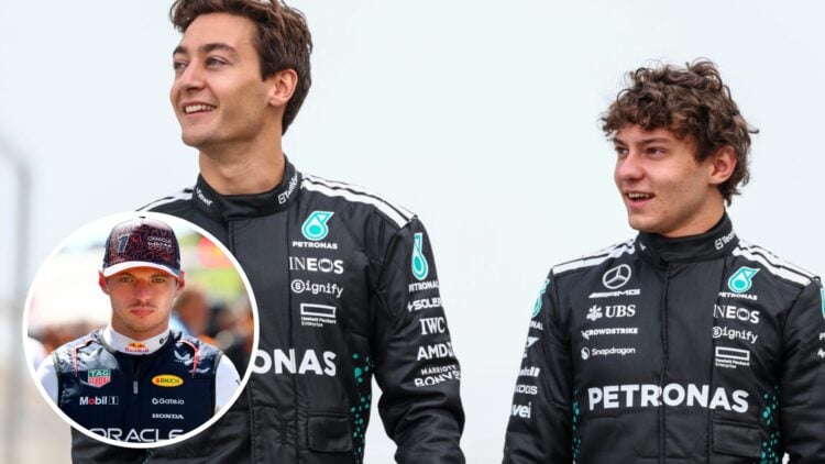 George Russell (centre) and Kimi Antonelli (left) walk on the grid, and Max Verstappen (left) stands on the grid