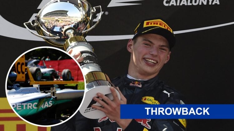 Max Verstappen (right) celebrates 2016 Spanish Grand Prix win, and the broken car of Lewis Hamilton (left)