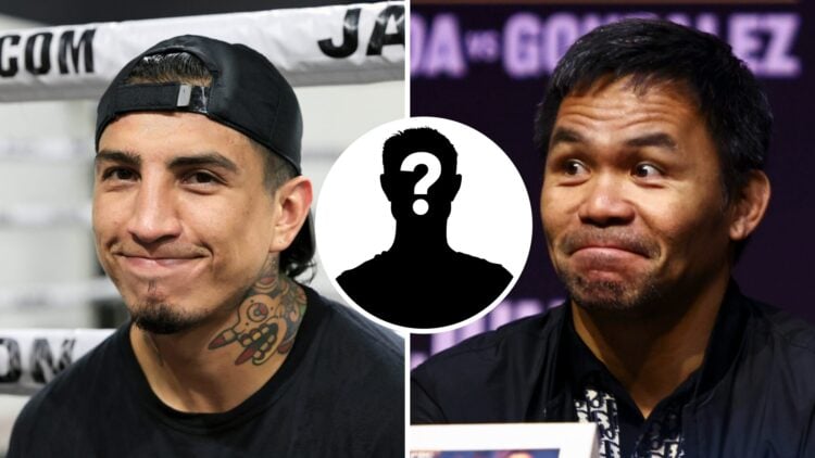 Mario Barrios (left) at a Media Workout In Las Vegas, Manny Pacquiao(right) pulls a face at Mario Barrios press conference