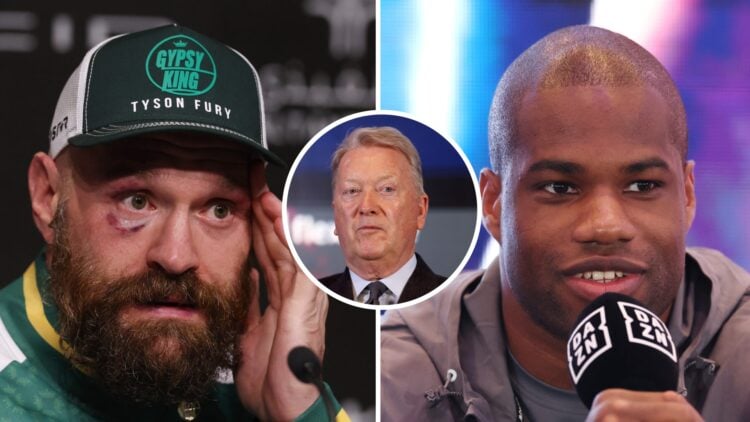 Tyson Fury (left) looks on after Oleksandr Usyk rematch loss, Frank Warren (middle) looks ahead at Fabio Wardley vs Justis Huni press conference, D...