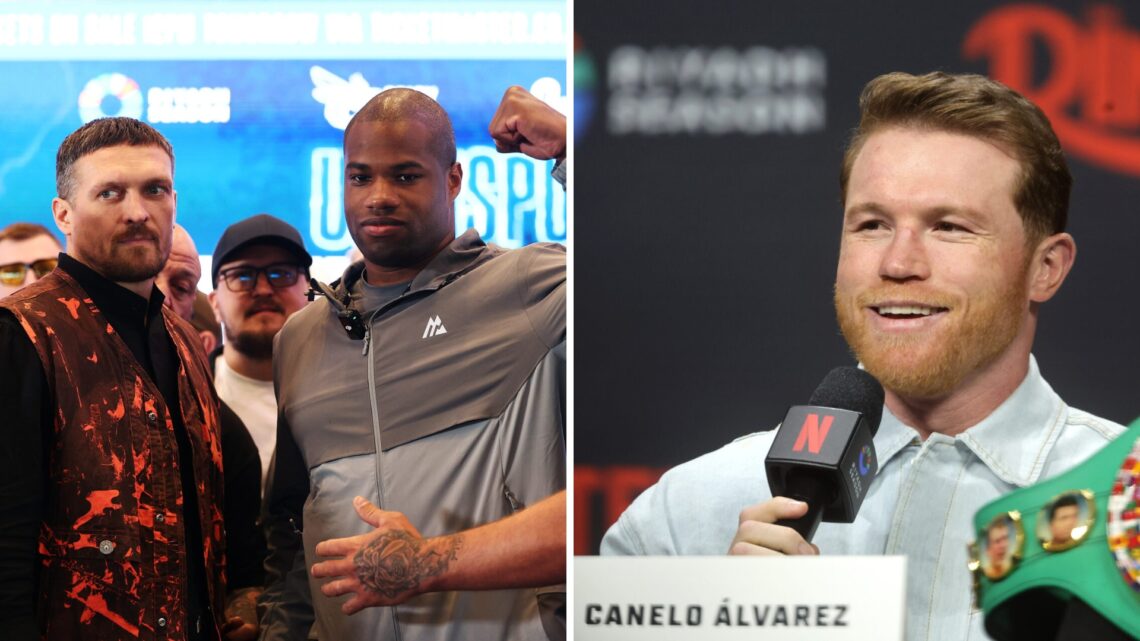 Oleksandr Usyk and Daniel Dubois pose together after facing off during their press conference to promote their rematch, Canelo Alvarez answers a qu...