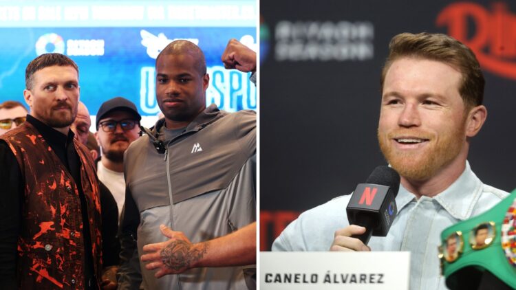 Oleksandr Usyk and Daniel Dubois pose together after facing off during their press conference to promote their rematch, Canelo Alvarez answers a qu...