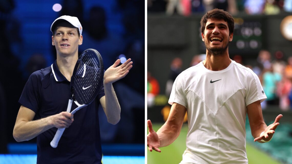 Carlos Alcaraz winning Wimbledon in 2023 and Jannik Sinner playing at the ATP Tour Finals in 2024