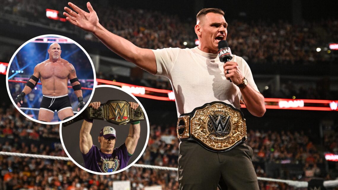 Gunther on WWE Raw with insets of John Cena and Goldberg