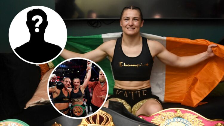 Katie Taylor (middle) poses with Ireland flag after victory, Chantelle Cameron (left) poses in ring after win