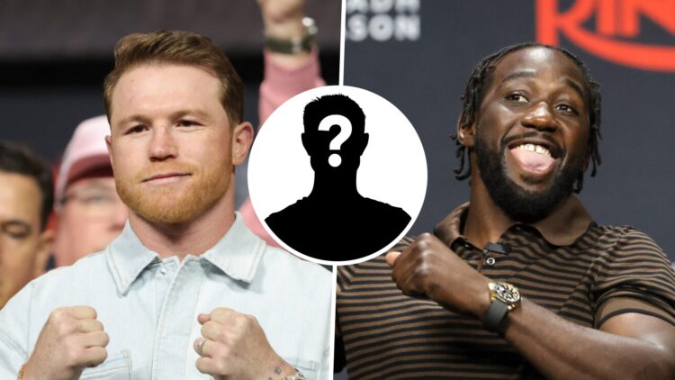 Canelo Alvarez (left) poses at Terence Crawford press conference, Terence Crawford (right) jokes at Canelo Alvarez press conference