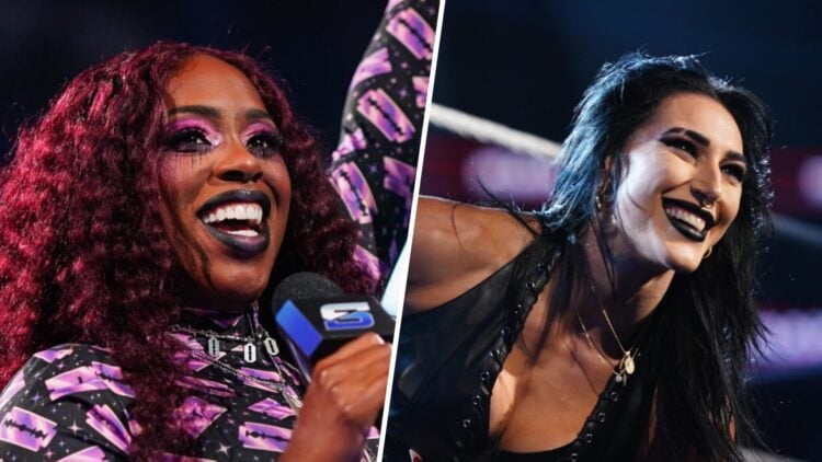 Naomi (left) celebrates on Smackdown, Rhea Ripley (right) makes her entrance during Monday Night RAW