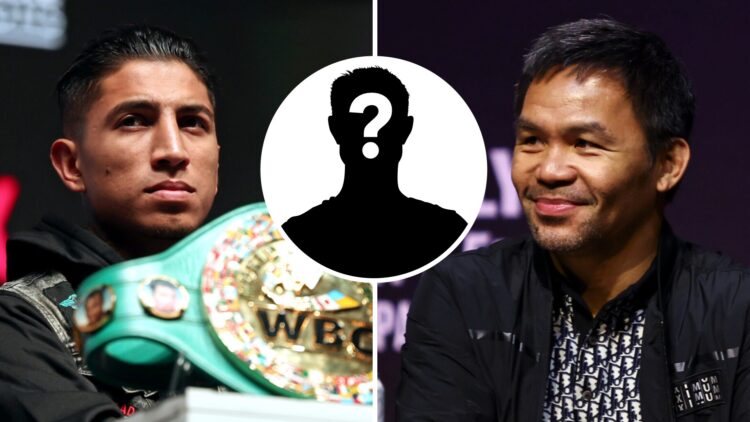 Mario Barrios left) attends the press conference for LIVE on Netflix: Jake Paul vs. Mike Tyson, Manny Pacquiao (right) looks on at Mario Barrios pr...