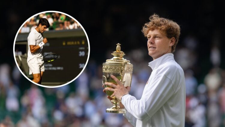 Jannik Sinner holding the 2025 Wimbledon trophy with an inset of Carlos Alcaraz