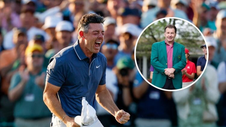 Rory McIlroy (left) celebrates his Masters win, and Sir Nick Faldo (right) in his Green Jacket