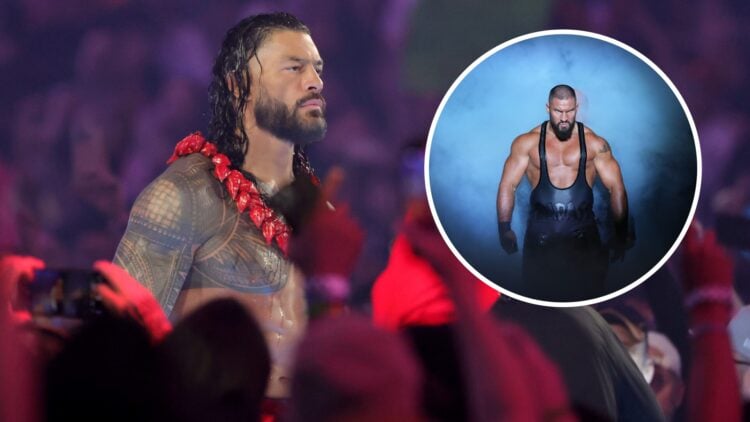 Roman Reigns making his entrance at WrestleMania 41 with an inset of Bron Breakker on WWE Raw