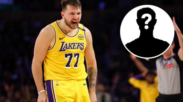 Luka Doncic (left) #77 of the Los Angeles Lakers screaming, and a mystery person (right)