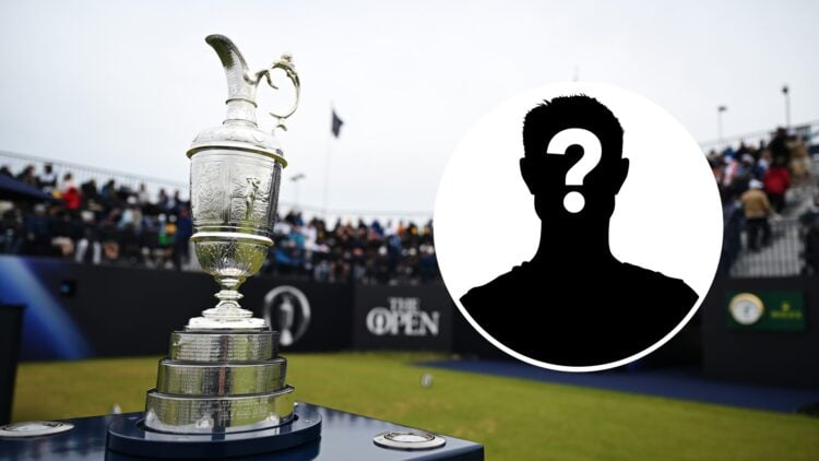 The Claret Jug (left) at the 2024 Open Championship, and a mystery person