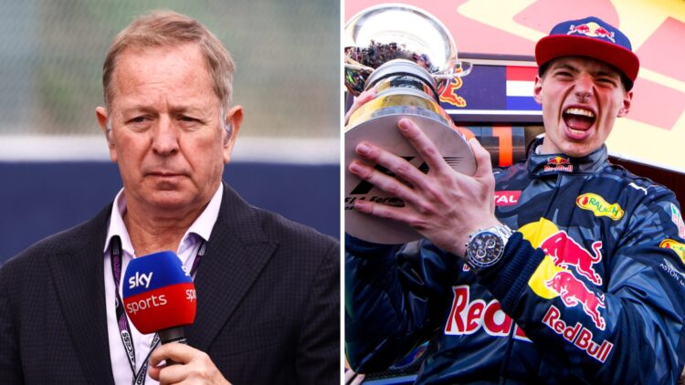 Left: Martin Brundle on the grid ahead of the 2023 Belgian Grand Prix. Right: Max Verstappen celebrates winning the 2016 Spanish Grand Prix with Re...