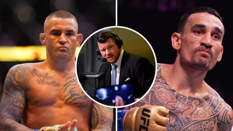 Dustin Poirier (left) heads to octagon for Islam Mackachev fight, Max Holloway (right) heads to octagon for Ilia Topuria fight, Michael Bisping (mi...