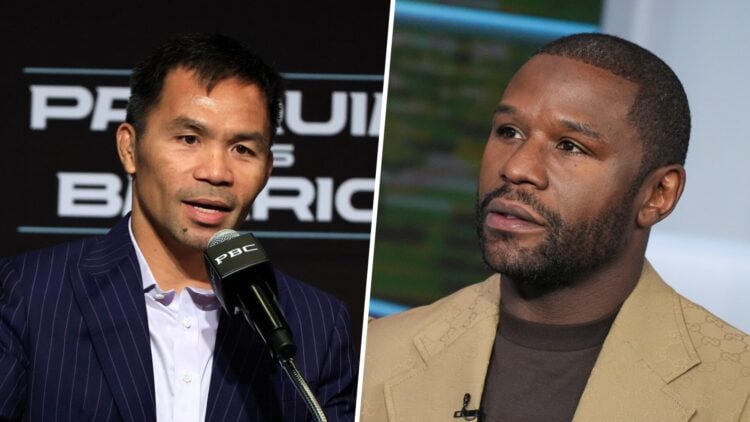 Manny Pacquiao (left) speaks at Mario Barrios press conference, Floyd Mayweather Jr. (right) visits "Making Money With Charles Payne"