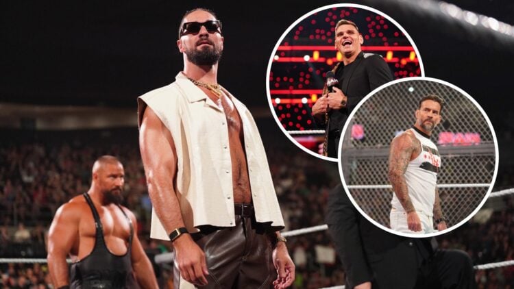 Seth Rollins appearing on WWE Raw with insets of Gunther and CM Punk