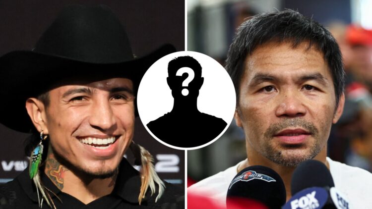 Mario Barrios (left) smiles as he attends a news conference at MGM Grand, Manny Pacquiao (right) interviewed at Wild Card Gym