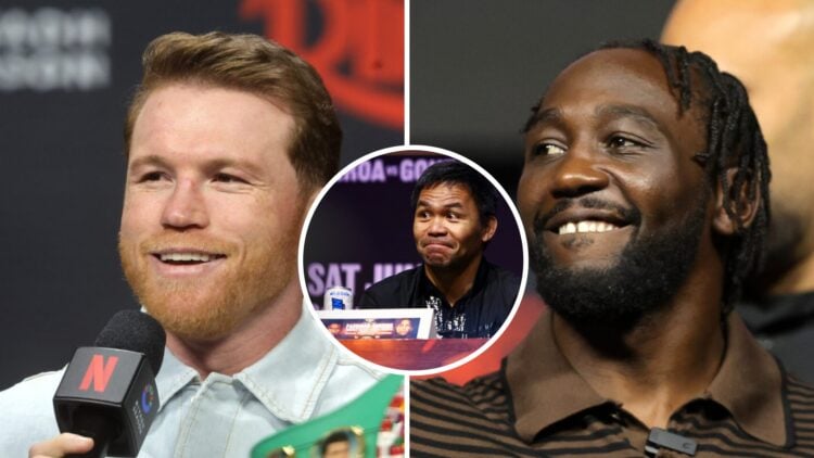 Canelo Alvarez (left) speaks at news conference, Terence Crawford (right) raises fist at news conference, Manny Pacquiao (middle)speaks at news con...