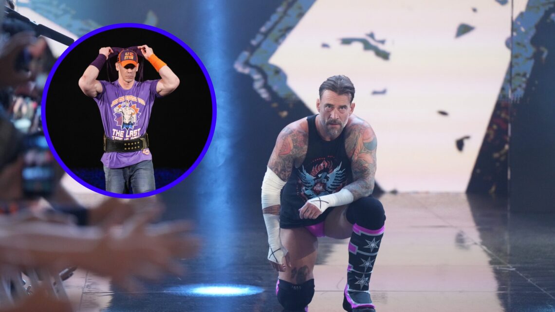 CM Punk making his entrance on WWE Raw with an inset of John Cena on his retirement tour