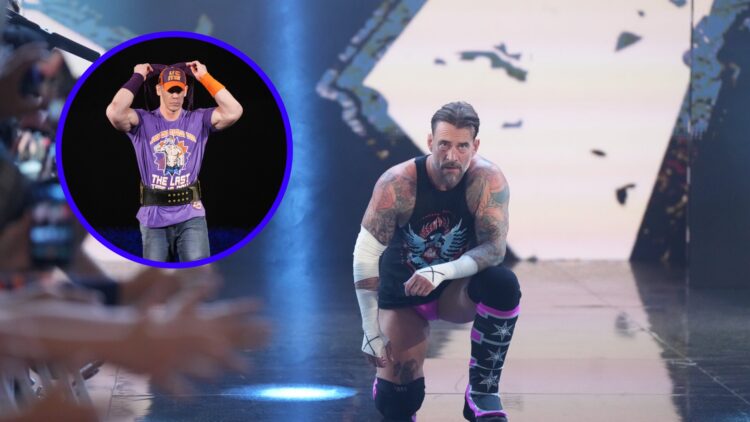 CM Punk making his entrance on WWE Raw with an inset of John Cena on his retirement tour
