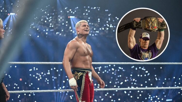 Cody Rhodes embracing the applause at WWE Night of Champions with an inset of John Cena