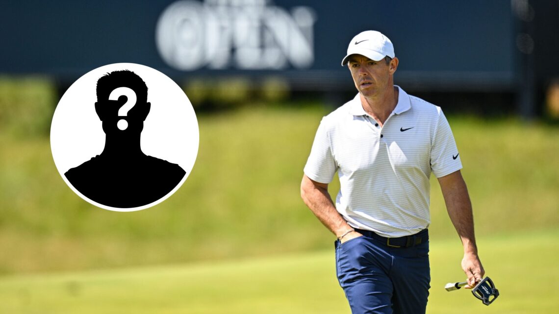 Rory McIlroy looks on in an Open Championship practice round next to a mystery player inset
