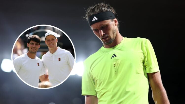 Alexander Zverev looking forlorn at the 2025 Roland Garros with an inset of Carlos Alcaraz and Jannik Sinner