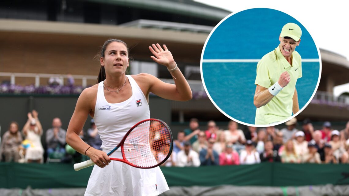 Emma Navarro playing at Wimbledon in 2024 with an inset of Jannik Sinner