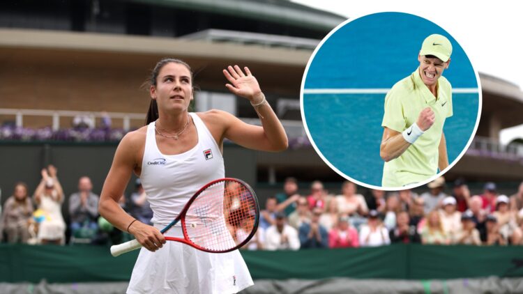 Emma Navarro playing at Wimbledon in 2024 with an inset of Jannik Sinner