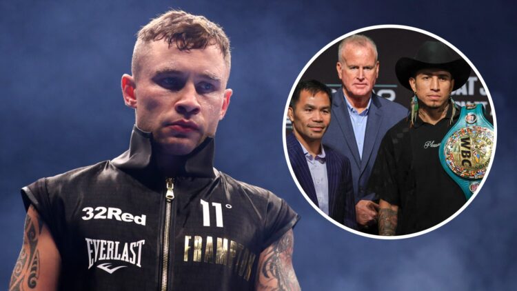 Carl Frampton (left) of Northern Ireland prepares for his fight in the ring prior to the WBO World Super Featherweight Title Fight against Jamel He...