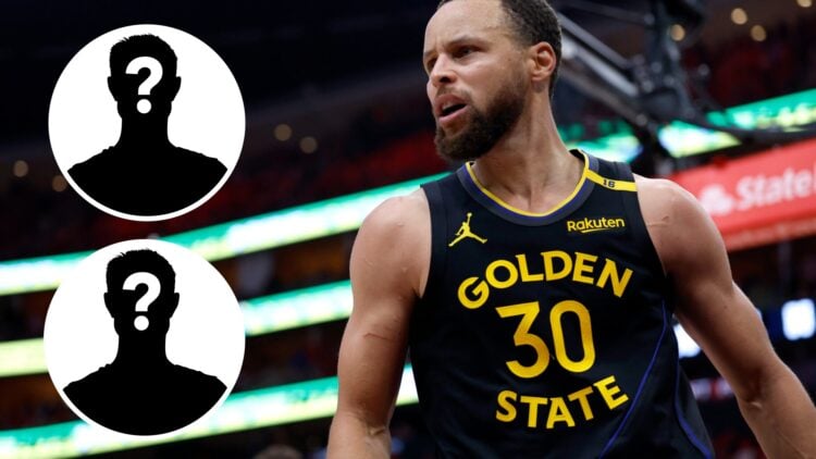 Steph Curry (right) playing for the Golden State Warriors , and two mystery people (left)