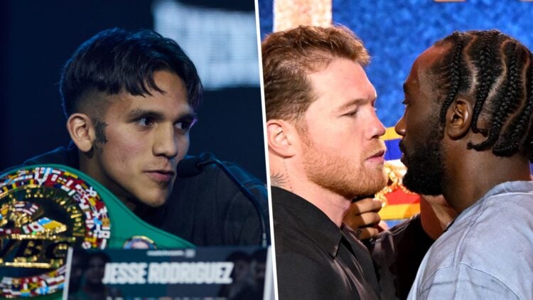 Canelo Alvarez and Terence Crawford (right) onstage during Fanatics Fest NYC 2025, Jesse Bam Rodriguez (left) attends press conference
