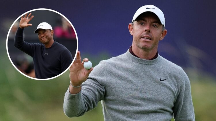 Rory McIlroy (right) acknowledges the crowd and Tiger Woods (left) acknowledges the crowd