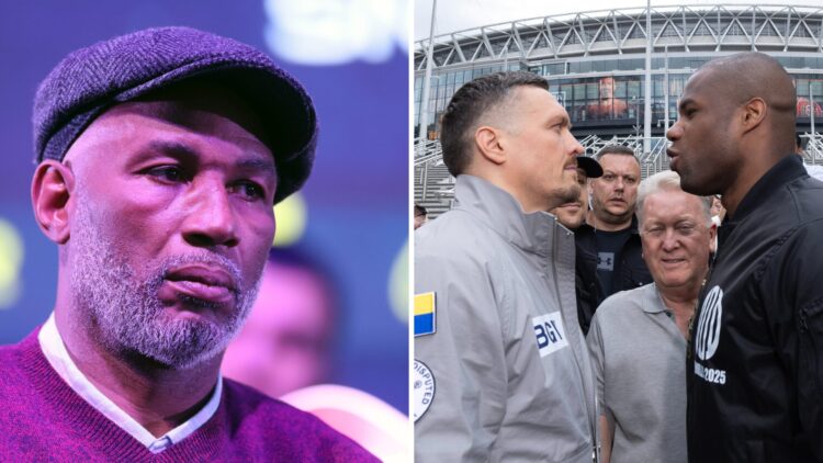 Constantino Nanga sits alongside Lennox Lewis (left), Daniel Dubois screams at Oleksandr Usyk (right) during face-off