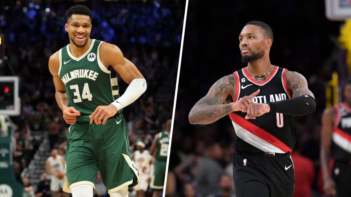 Giannis Antetokounmpo (left) playing for the Milwaukee Bucks and Damian Lillard (right) points to his wrist for the Portland Trailblzers