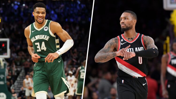 Giannis Antetokounmpo (left) playing for the Milwaukee Bucks and Damian Lillard (right) points to his wrist for the Portland Trailblzers