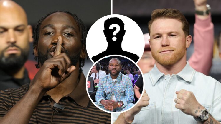 Terence Crawford (left) shushes crowd at press conference, Canelo Alvarez (right) poses at news conference, Floyd Mayweather Jr. (middle) attends a...