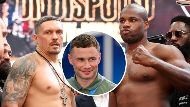 Oleksandr Usyk and Daniel Dubois (left to right) face-off at weigh-in, Carl Frampton (middle) at Court Philippe-Chatrier in Roland Garros Stadium d...