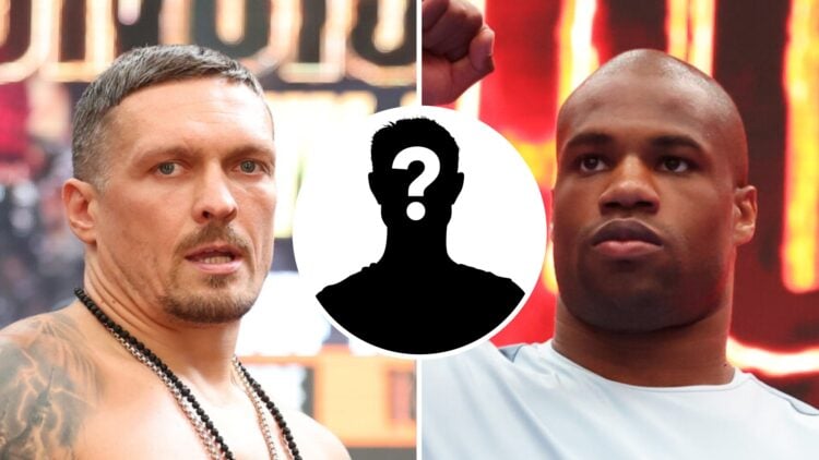 Oleksandr Usyk (left) poses at weigh-in for Dubois fight, Daniel Dubois (right) raises fist at open workout