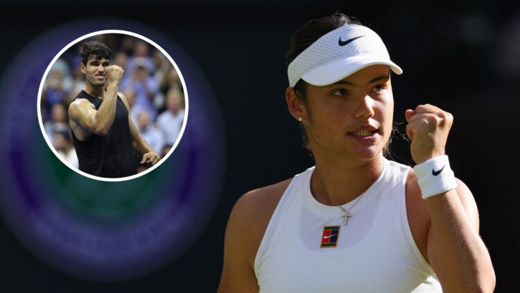 Emma Raducanu celebrating a point against Mimi Xu at Wimbledon 2025 with an inset of Carlos Alcaraz