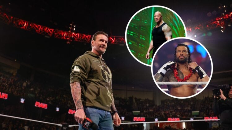 CM Punk on WWE Raw with insets of The Rock and Roman Reigns