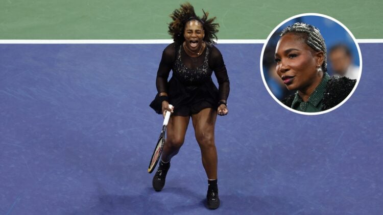 Serena Williams at the US Open 2022 with an inset of Venus Williams at the MetGala