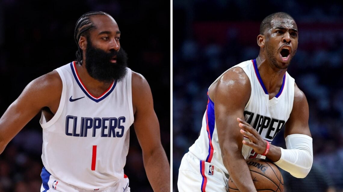 James Harden (left) of the Los Angeles Clippers, and Chris Paul (right) of the Los Angeles Clippers