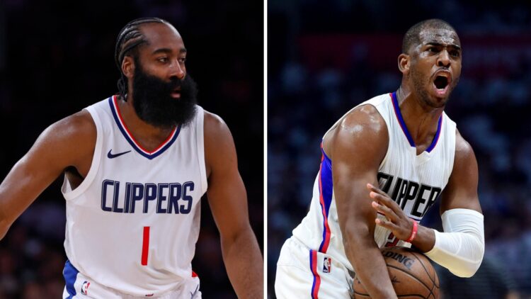 James Harden (left) of the Los Angeles Clippers, and Chris Paul (right) of the Los Angeles Clippers