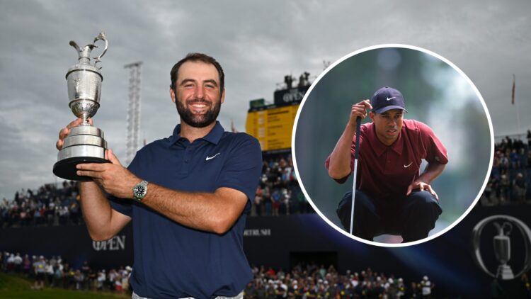 Scottie Scheffler (left) holding the Claret Jug, and Tiger Woods (right) lined up a putt