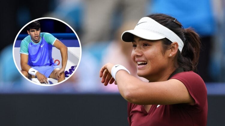 Emma Raducanu crying on the court at the US Open with an inset of Carlos Alcaraz