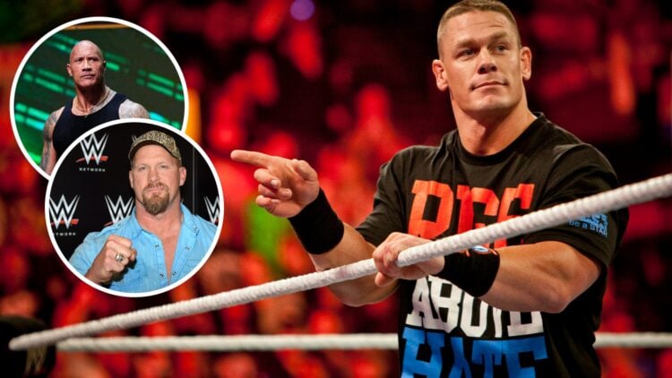 John Cena on WWE Raw with insets of 'Stone Cold' Steve Austin and The Rock